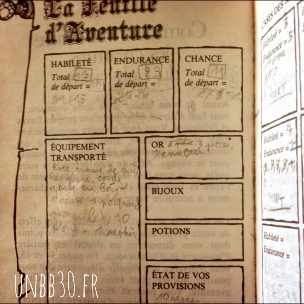 Un livre dont vous êtes le héros feuille d'aventure