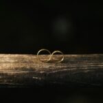 elegant gold wedding rings on rustic wood
