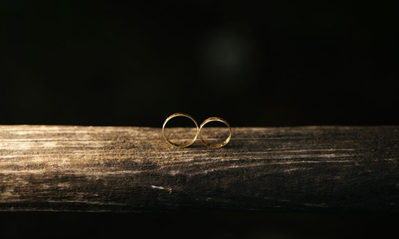 elegant gold wedding rings on rustic wood
